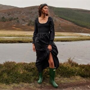 NWT Hill House Emily Nap Smocked‎ Black Maxi Dress Crushed Taffeta Size XS